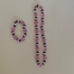 Girls Necklace & Bracelet Set Child’s Size Purple White Beaded Heart Jewelry